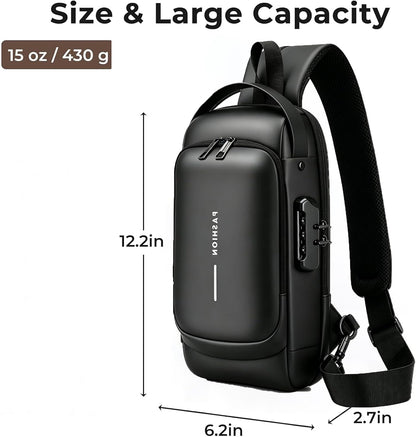 Sling Bag for Men Women, Theft Crossbody Backpack with USB Charging Port, Waterproof Chest Bag with Password Lock