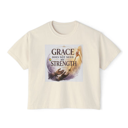 Christian Inspirational Boxy Tee — "Grace Does Not Need Strength" / "My Soul Will Hope Again"