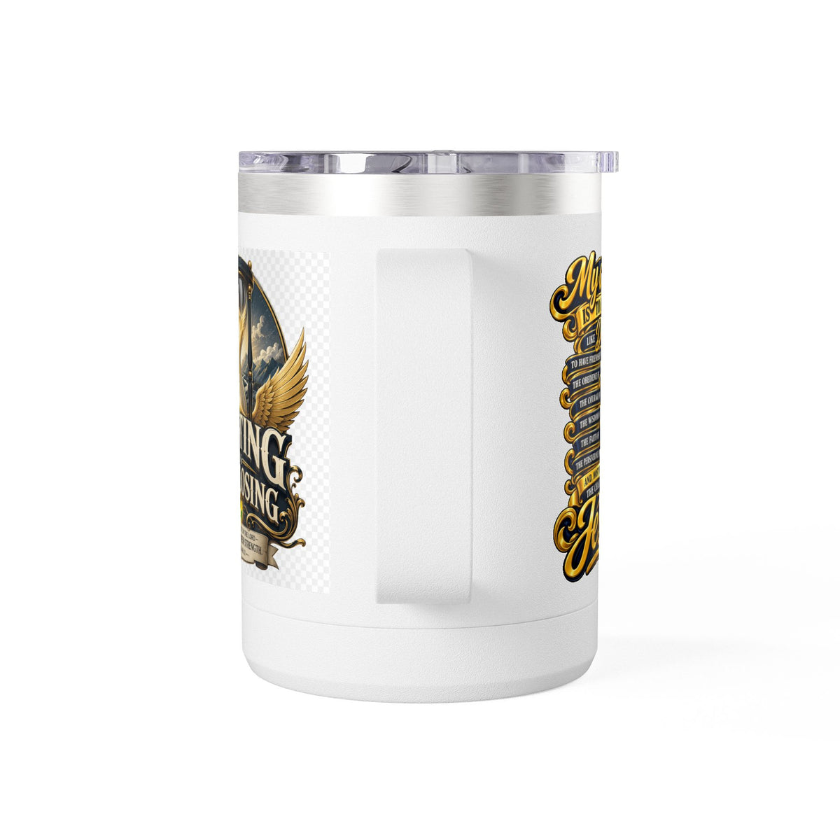Waiting Is Not Losing mug | Inspirational hourglass design, gold wings, 15oz tumbler