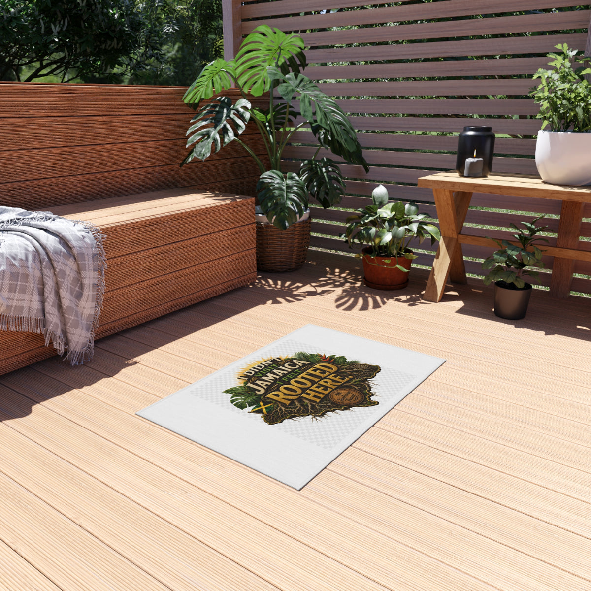 Outdoor Rug — "I Didn’t Visit Jamaica, I Felt Rooted Here" Tropical Welcome Mat