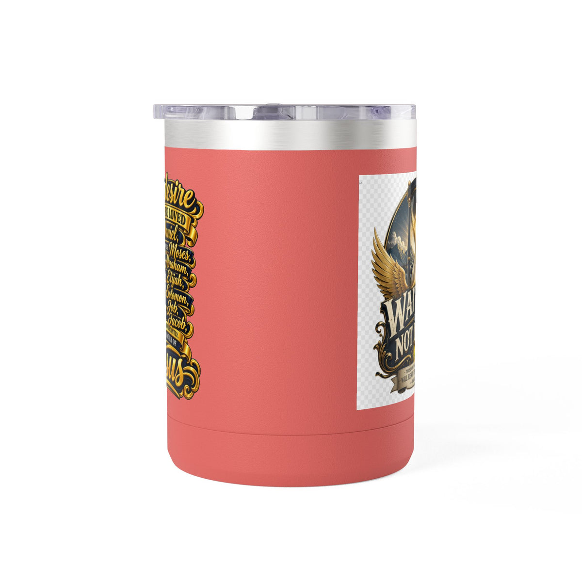 Waiting Is Not Losing mug | Inspirational hourglass design, gold wings, 15oz tumbler