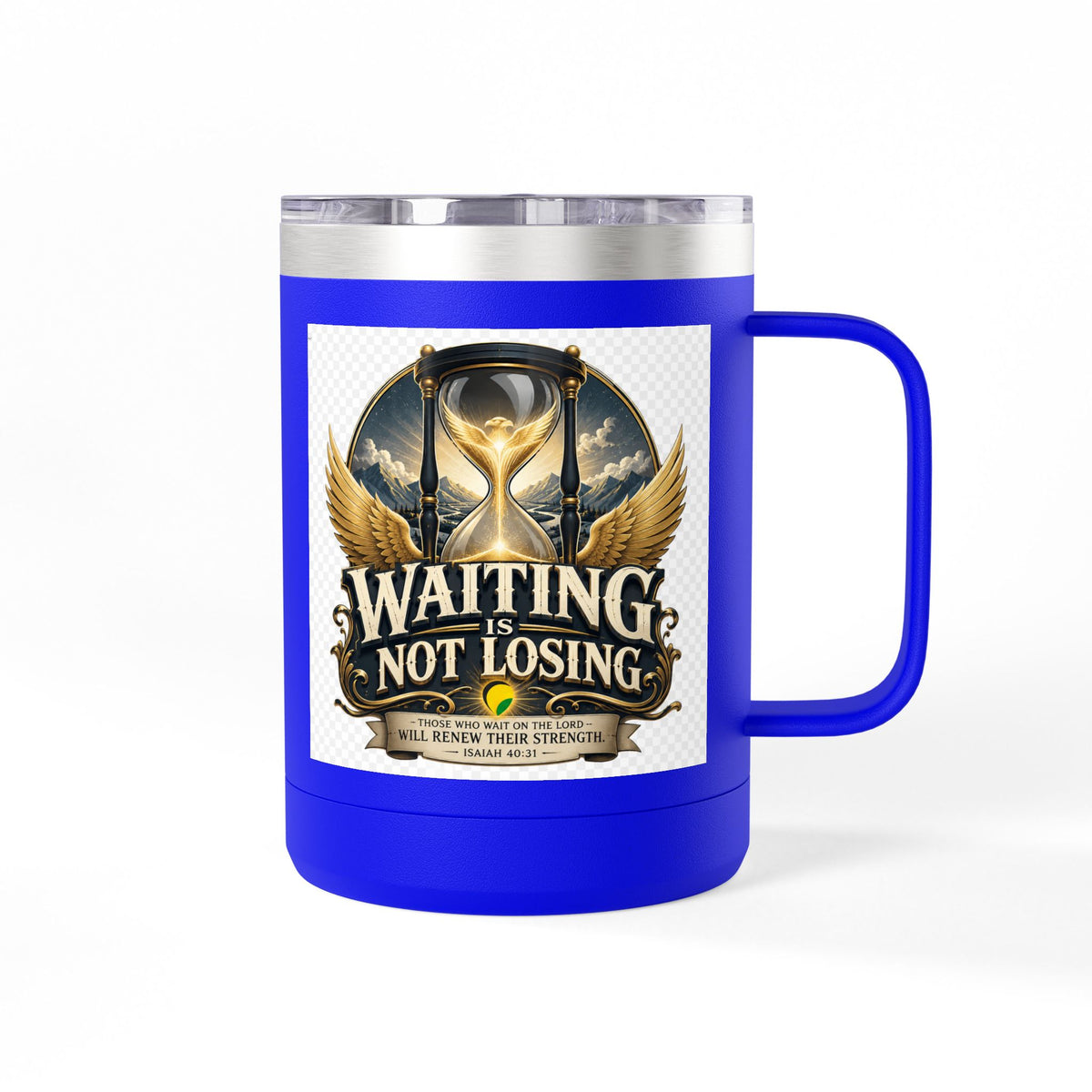 Waiting Is Not Losing mug | Inspirational hourglass design, gold wings, 15oz tumbler