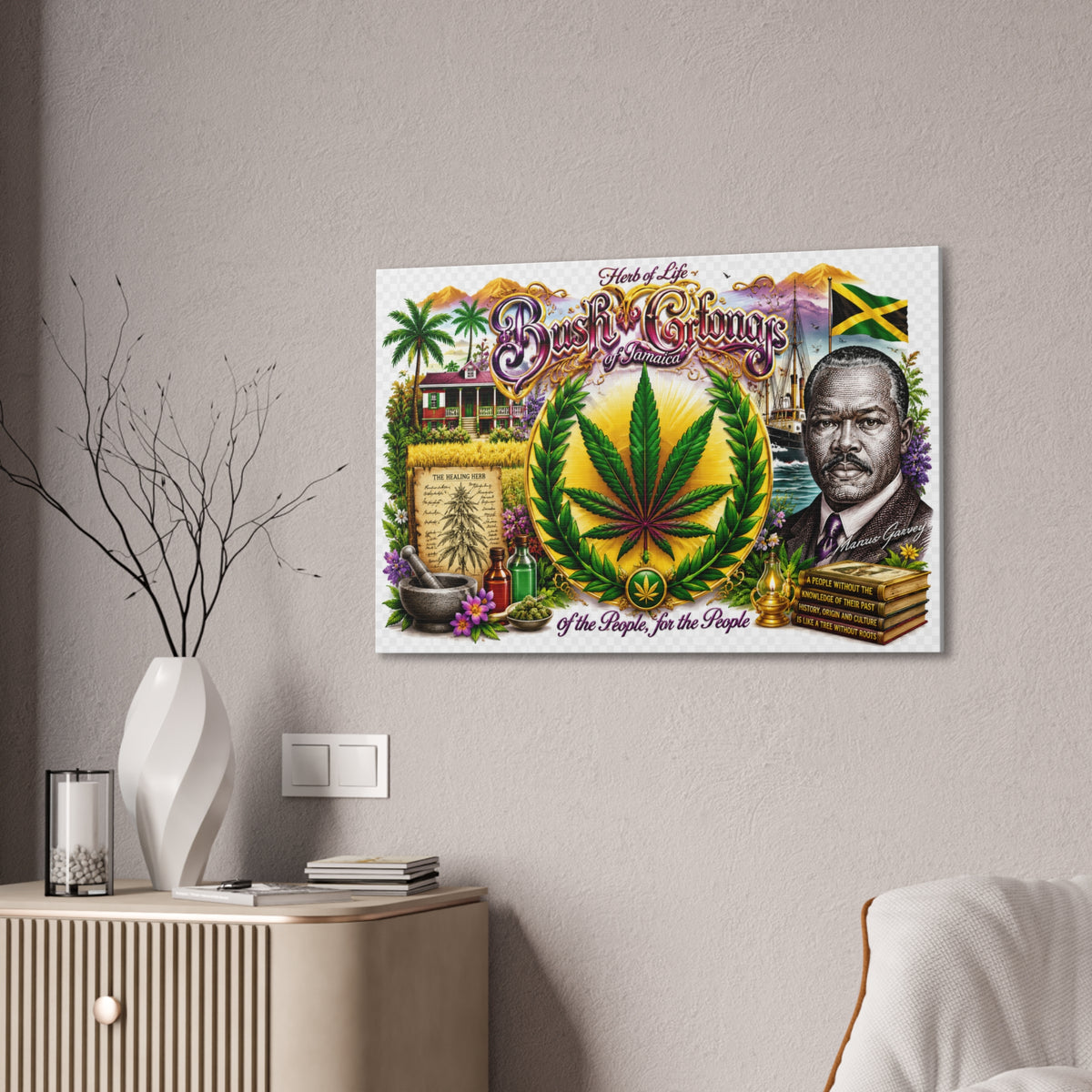 Reggae Herb of Life Canvas Print — Jamaican Rastafarian Cannabis Artwork, 'Bush & Curvns' Decorative Wall Art