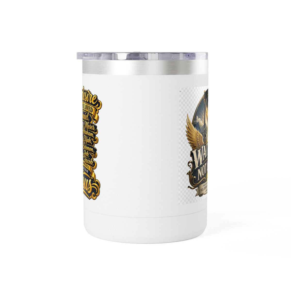 Waiting Is Not Losing mug | Inspirational hourglass design, gold wings, 15oz tumbler