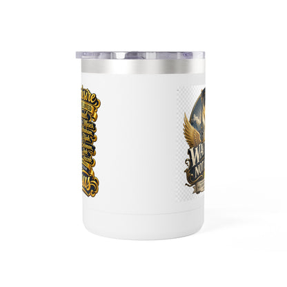 Waiting Is Not Losing mug | Inspirational hourglass design, gold wings, 15oz tumbler