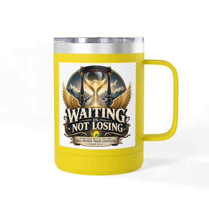 Waiting Is Not Losing mug | Inspirational hourglass design, gold wings, 15oz tumbler