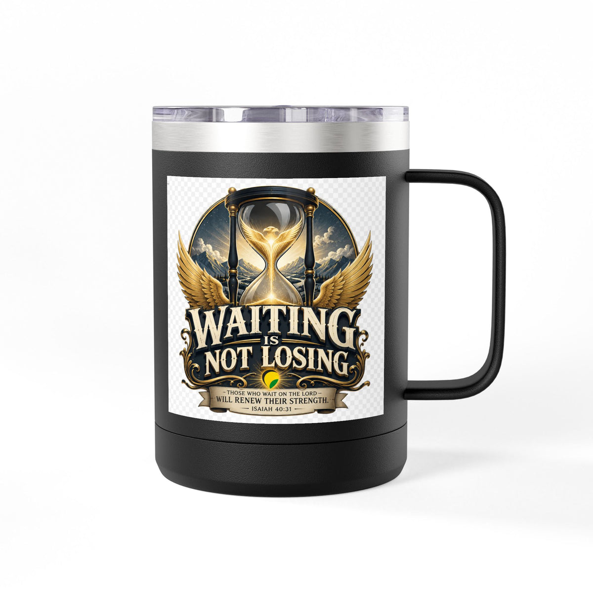 Waiting Is Not Losing mug | Inspirational hourglass design, gold wings, 15oz tumbler