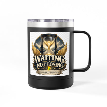 Waiting Is Not Losing mug | Inspirational hourglass design, gold wings, 15oz tumbler