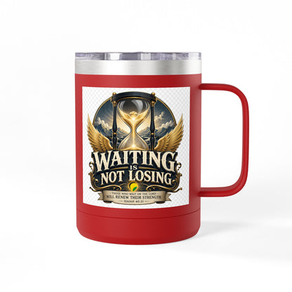 Waiting Is Not Losing mug | Inspirational hourglass design, gold wings, 15oz tumbler