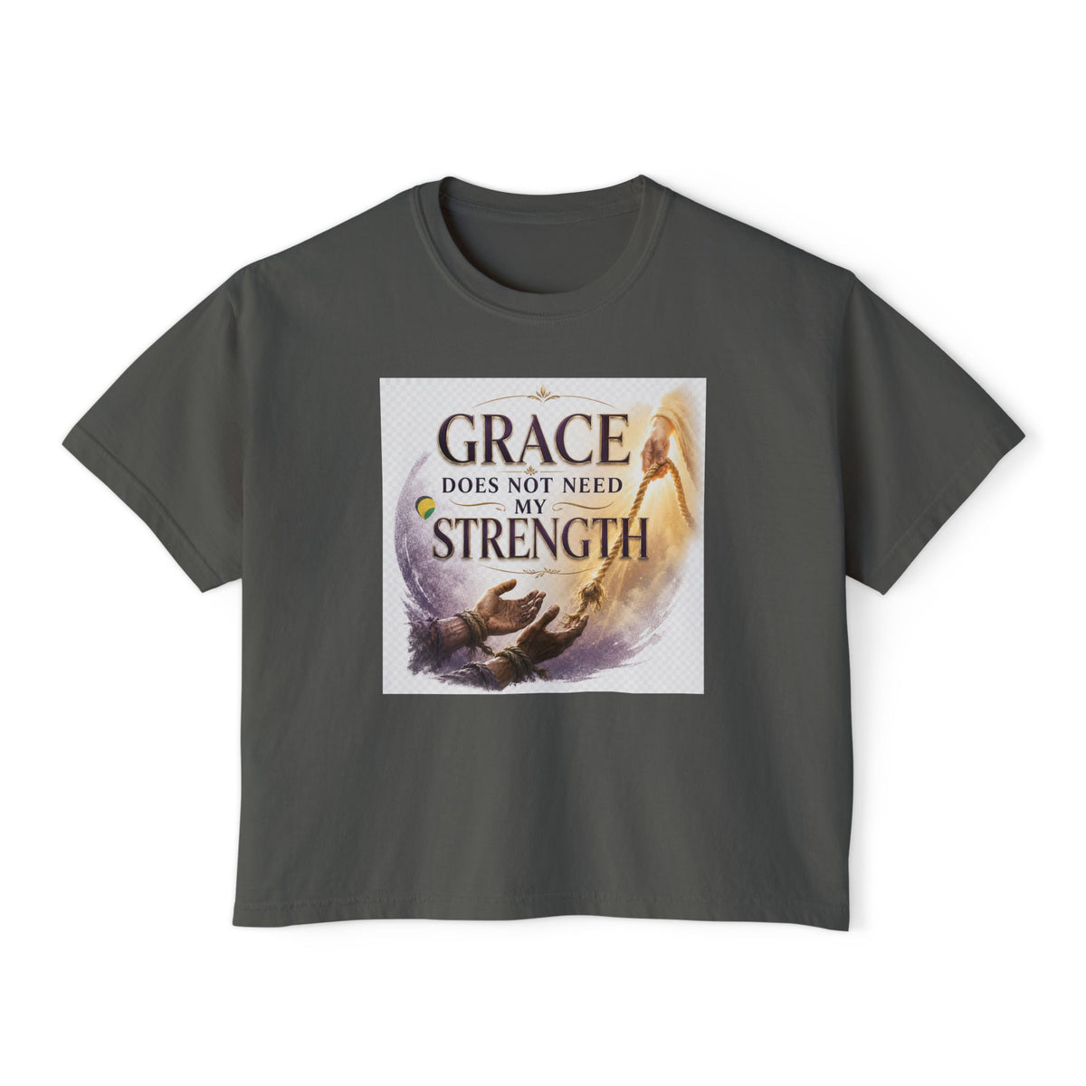 Christian Inspirational Boxy Tee — "Grace Does Not Need Strength" / "My Soul Will Hope Again"
