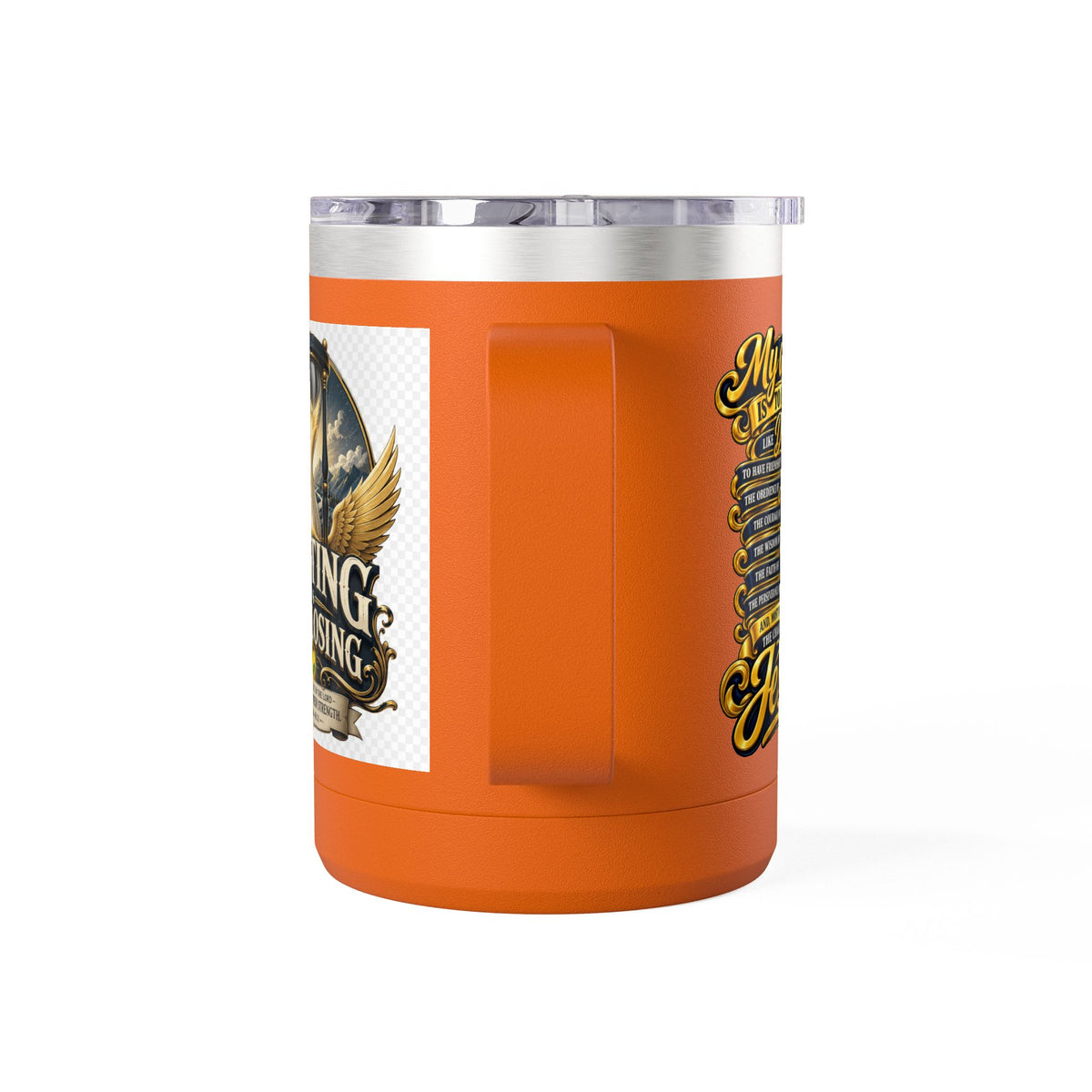 Waiting Is Not Losing mug | Inspirational hourglass design, gold wings, 15oz tumbler