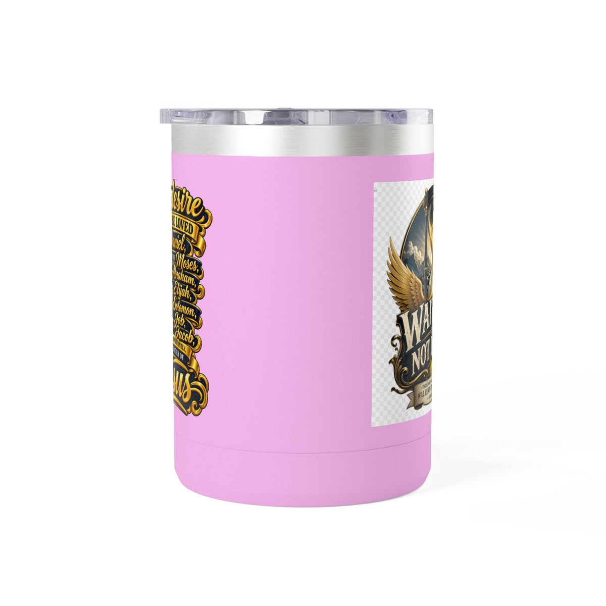 Waiting Is Not Losing mug | Inspirational hourglass design, gold wings, 15oz tumbler