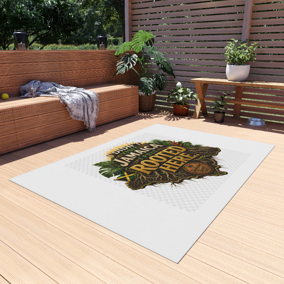 Outdoor Rug — "I Didn’t Visit Jamaica, I Felt Rooted Here" Tropical Welcome Mat