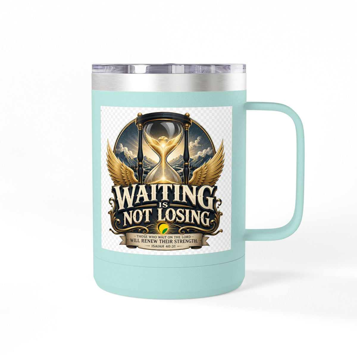 Waiting Is Not Losing mug | Inspirational hourglass design, gold wings, 15oz tumbler