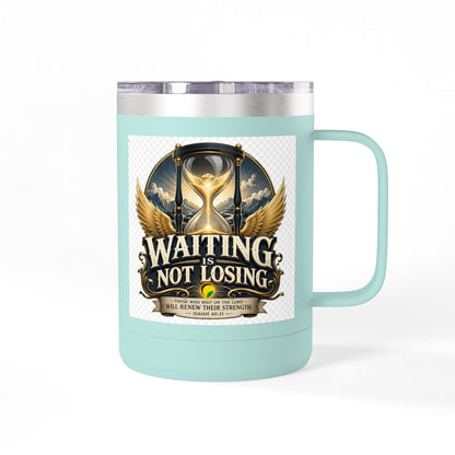 Waiting Is Not Losing mug | Inspirational hourglass design, gold wings, 15oz tumbler