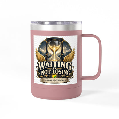 Waiting Is Not Losing mug | Inspirational hourglass design, gold wings, 15oz tumbler