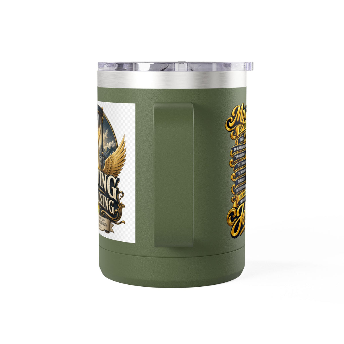 Waiting Is Not Losing mug | Inspirational hourglass design, gold wings, 15oz tumbler