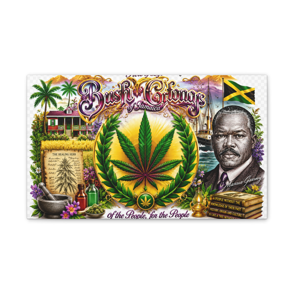Reggae Herb of Life Canvas Print — Jamaican Rastafarian Cannabis Artwork, 'Bush & Curvns' Decorative Wall Art