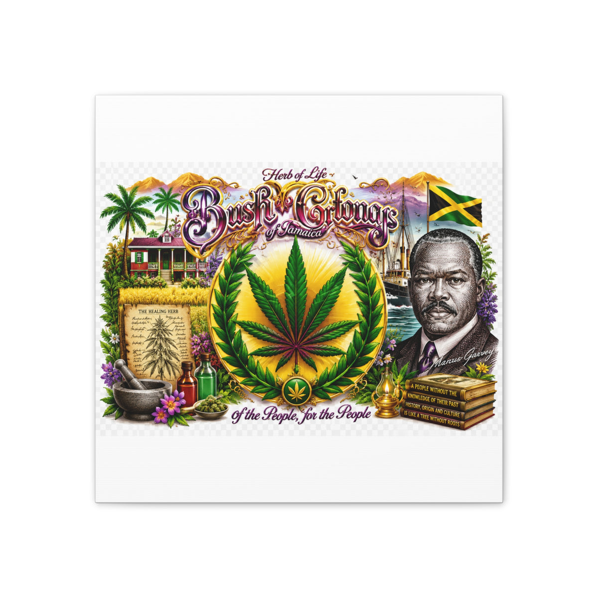 Reggae Herb of Life Canvas Print — Jamaican Rastafarian Cannabis Artwork, 'Bush & Curvns' Decorative Wall Art
