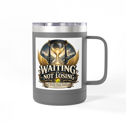 Waiting Is Not Losing mug | Inspirational hourglass design, gold wings, 15oz tumbler