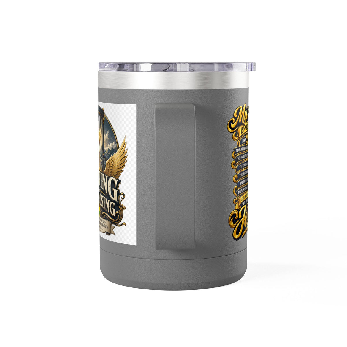 Waiting Is Not Losing mug | Inspirational hourglass design, gold wings, 15oz tumbler