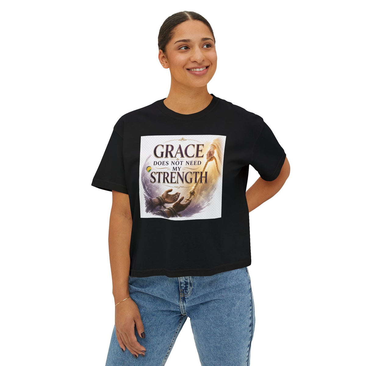 Christian Inspirational Boxy Tee — "Grace Does Not Need Strength" / "My Soul Will Hope Again"