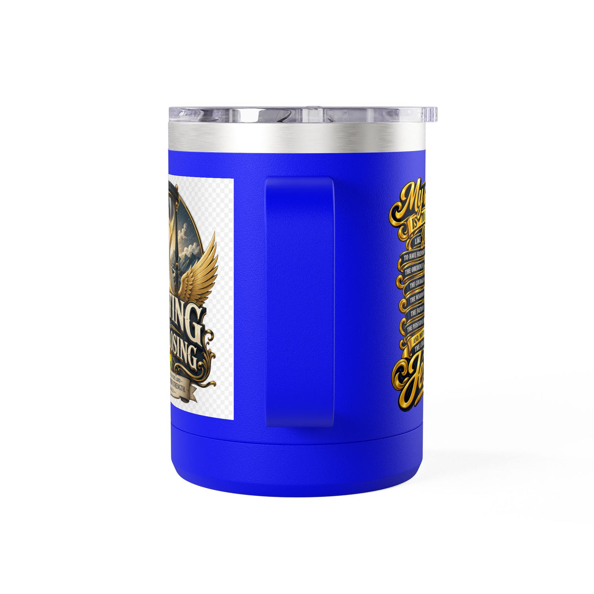 Waiting Is Not Losing mug | Inspirational hourglass design, gold wings, 15oz tumbler