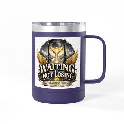 Waiting Is Not Losing mug | Inspirational hourglass design, gold wings, 15oz tumbler