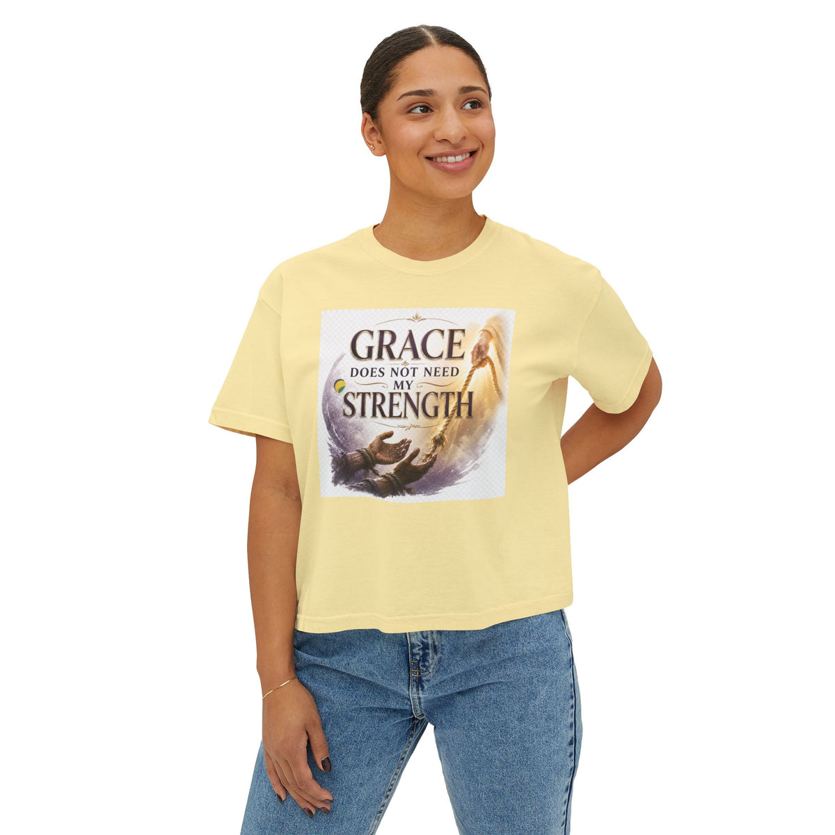 Christian Inspirational Boxy Tee — "Grace Does Not Need Strength" / "My Soul Will Hope Again"