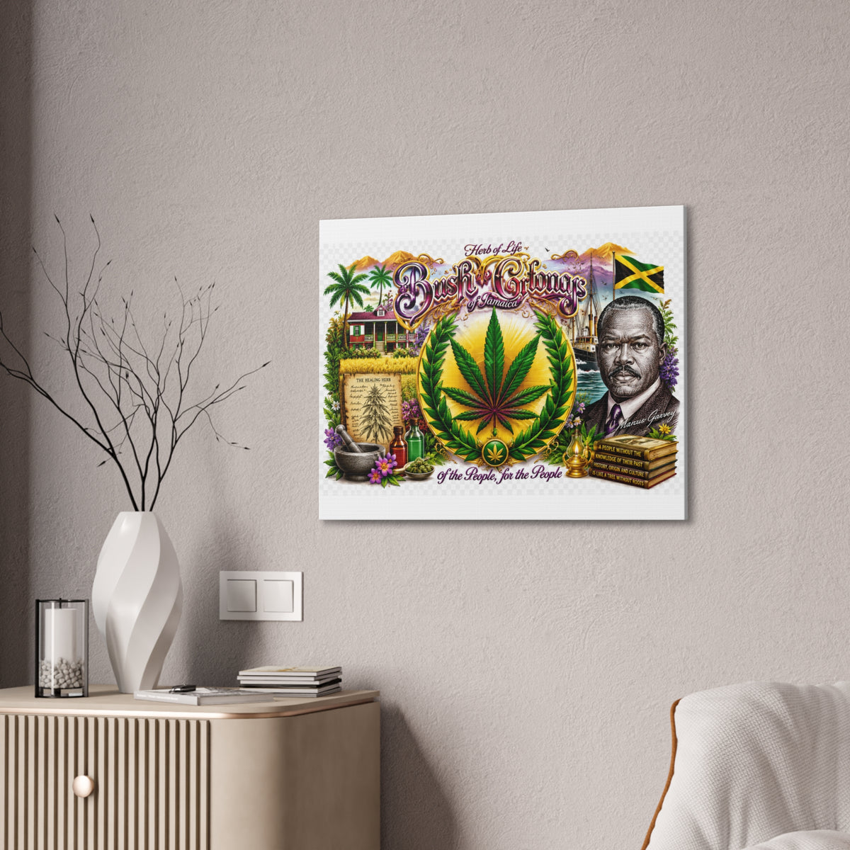 Reggae Herb of Life Canvas Print — Jamaican Rastafarian Cannabis Artwork, 'Bush & Curvns' Decorative Wall Art