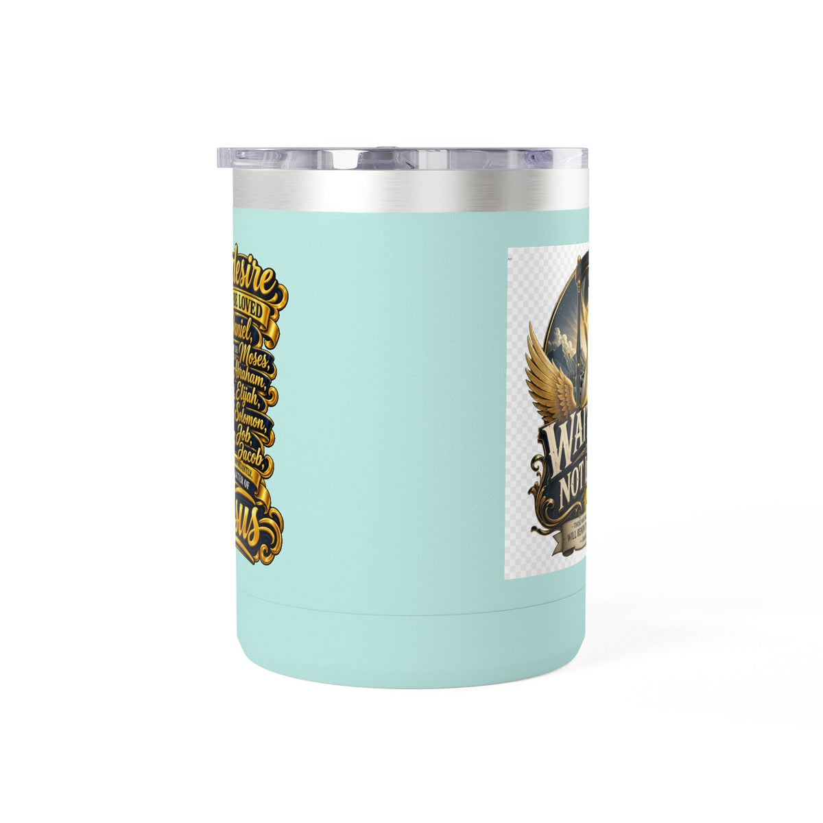 Waiting Is Not Losing mug | Inspirational hourglass design, gold wings, 15oz tumbler