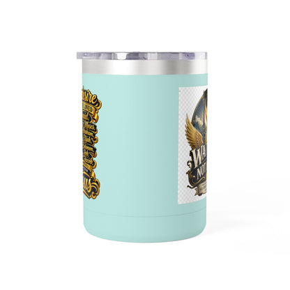 Waiting Is Not Losing mug | Inspirational hourglass design, gold wings, 15oz tumbler