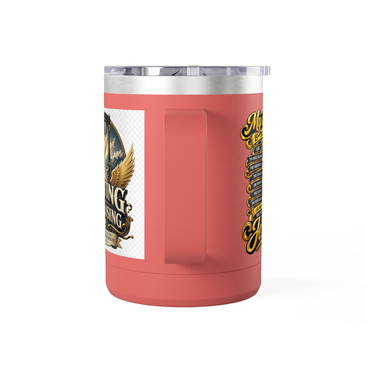 Waiting Is Not Losing mug | Inspirational hourglass design, gold wings, 15oz tumbler