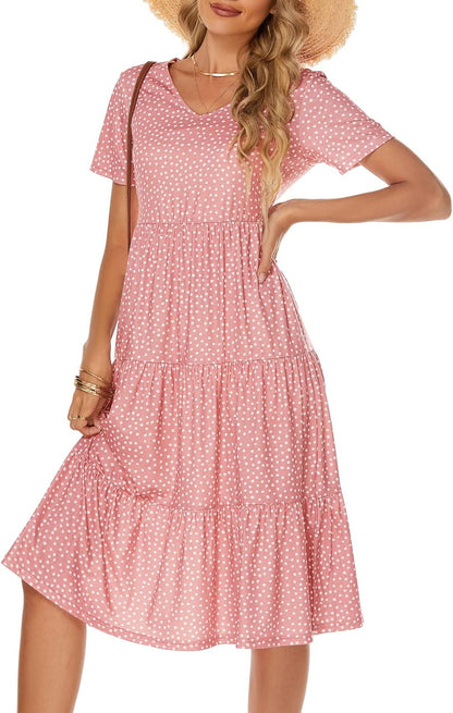 Women's Casual Summer Tiered Midi Dress with V-Neck - Bohemian Sundress 2026