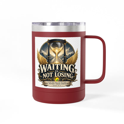 Waiting Is Not Losing mug | Inspirational hourglass design, gold wings, 15oz tumbler