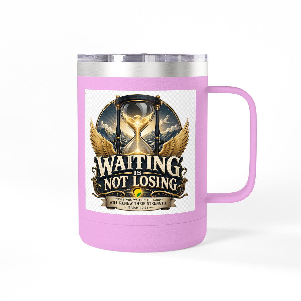 Waiting Is Not Losing mug | Inspirational hourglass design, gold wings, 15oz tumbler