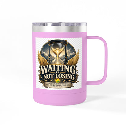 Waiting Is Not Losing mug | Inspirational hourglass design, gold wings, 15oz tumbler