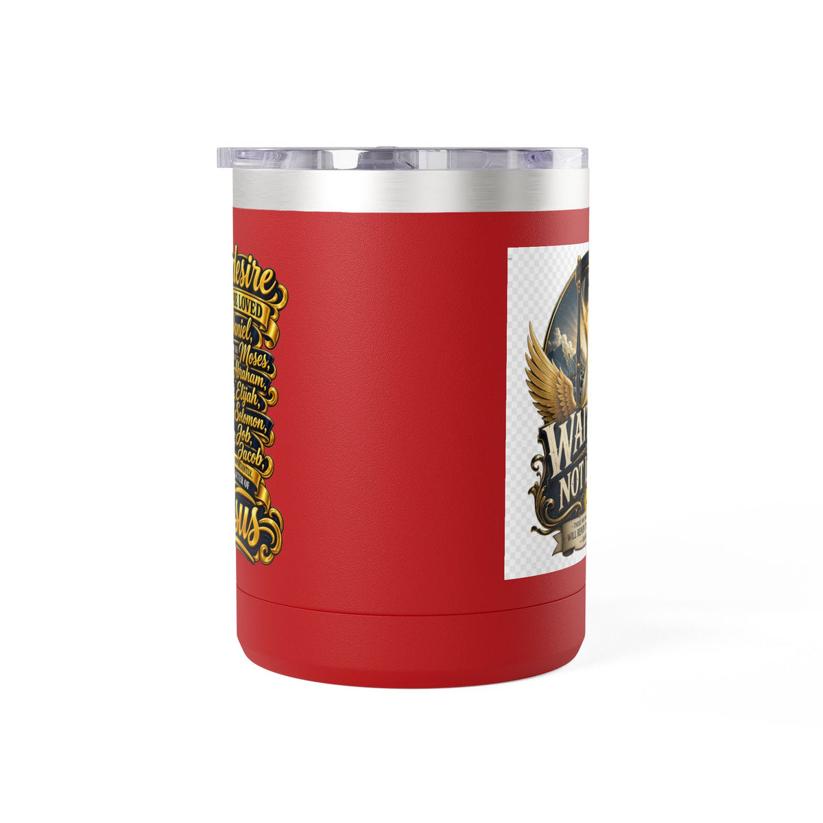 Waiting Is Not Losing mug | Inspirational hourglass design, gold wings, 15oz tumbler
