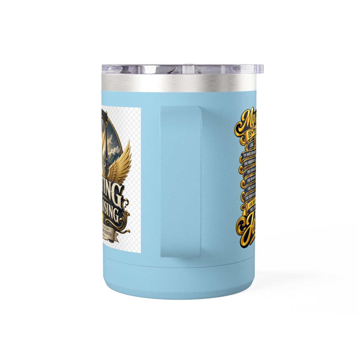 Waiting Is Not Losing mug | Inspirational hourglass design, gold wings, 15oz tumbler