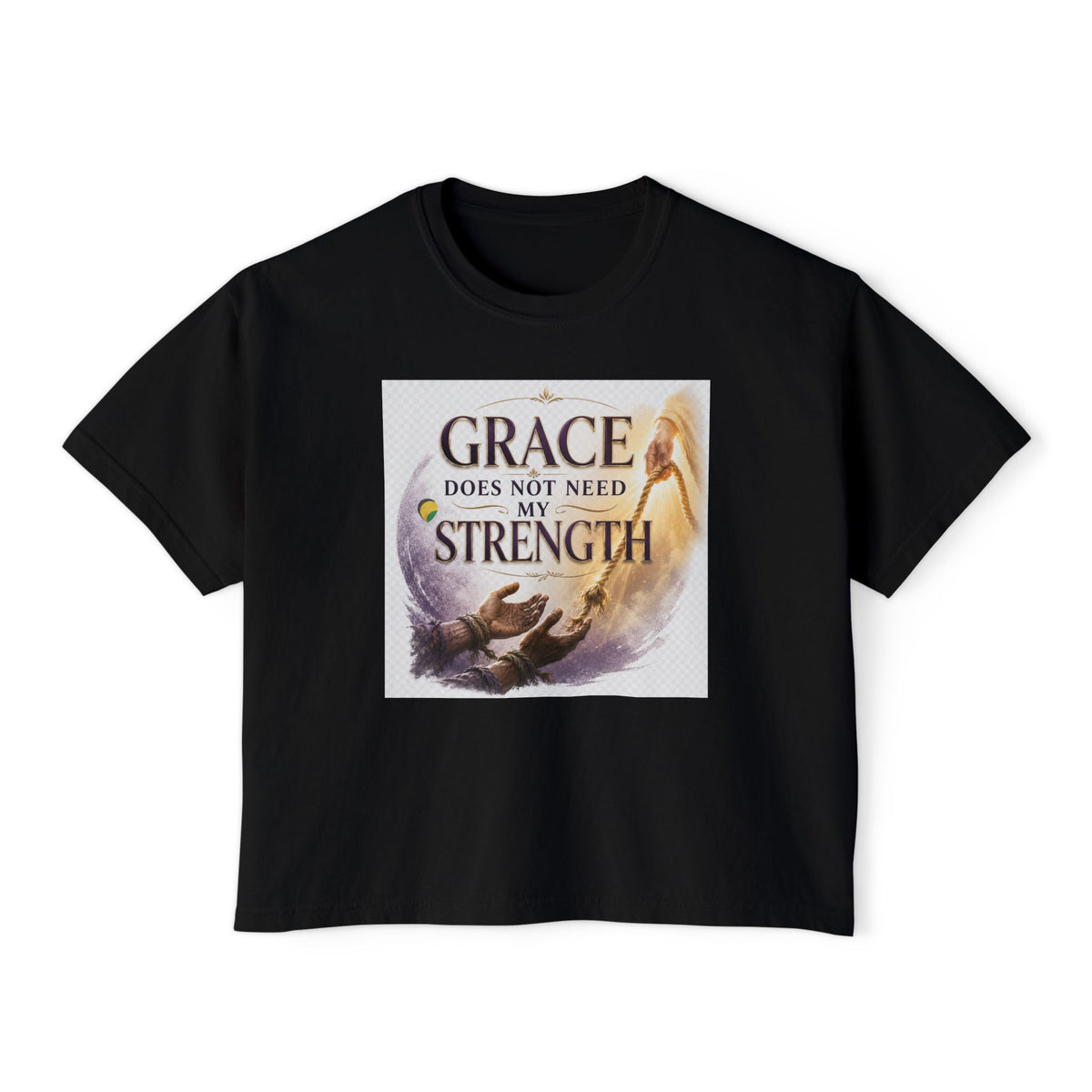Christian Inspirational Boxy Tee — "Grace Does Not Need Strength" / "My Soul Will Hope Again"