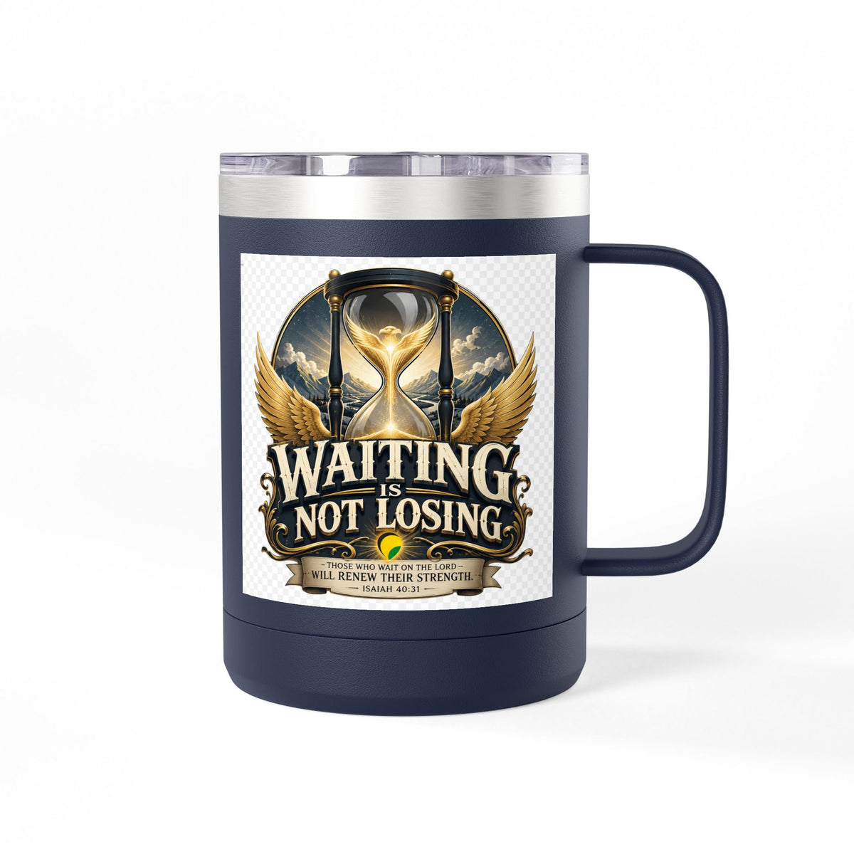 Waiting Is Not Losing mug | Inspirational hourglass design, gold wings, 15oz tumbler