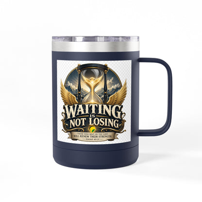 Waiting Is Not Losing mug | Inspirational hourglass design, gold wings, 15oz tumbler