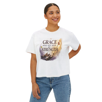 Christian Inspirational Boxy Tee — "Grace Does Not Need Strength" / "My Soul Will Hope Again"