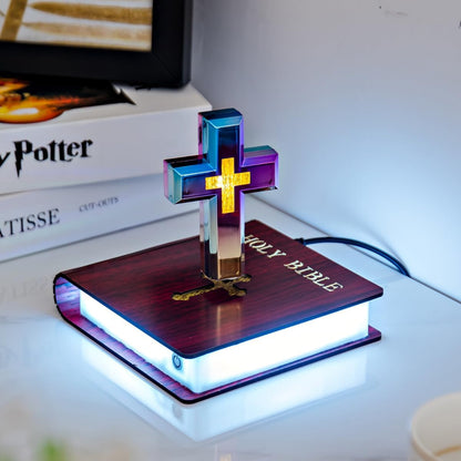 Levitating Cross Lamp with Floating Cross over Bible