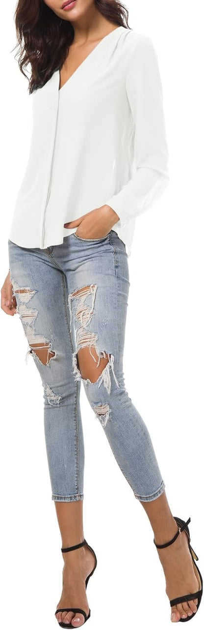 Women's V-Neck Ruffled Shoulder Chiffon Blouse with Button Down Closure for Business Casual Wear