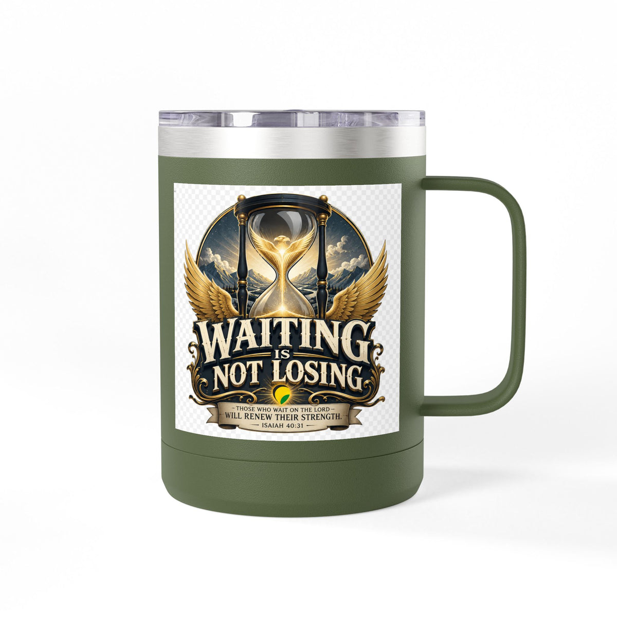Waiting Is Not Losing mug | Inspirational hourglass design, gold wings, 15oz tumbler