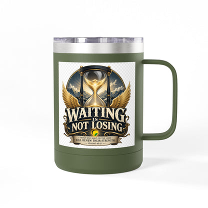 Waiting Is Not Losing mug | Inspirational hourglass design, gold wings, 15oz tumbler