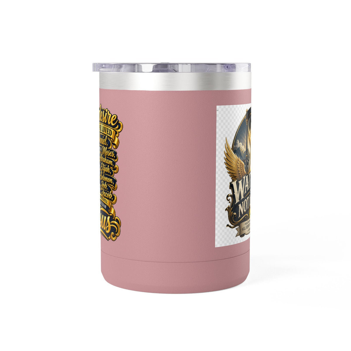 Waiting Is Not Losing mug | Inspirational hourglass design, gold wings, 15oz tumbler
