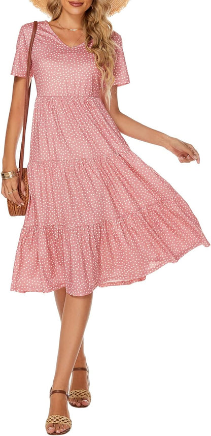 Women's Casual Summer Tiered Midi Dress with V-Neck - Bohemian Sundress 2026