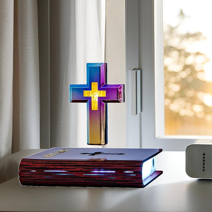 Levitating Cross Lamp with Floating Cross over Bible
